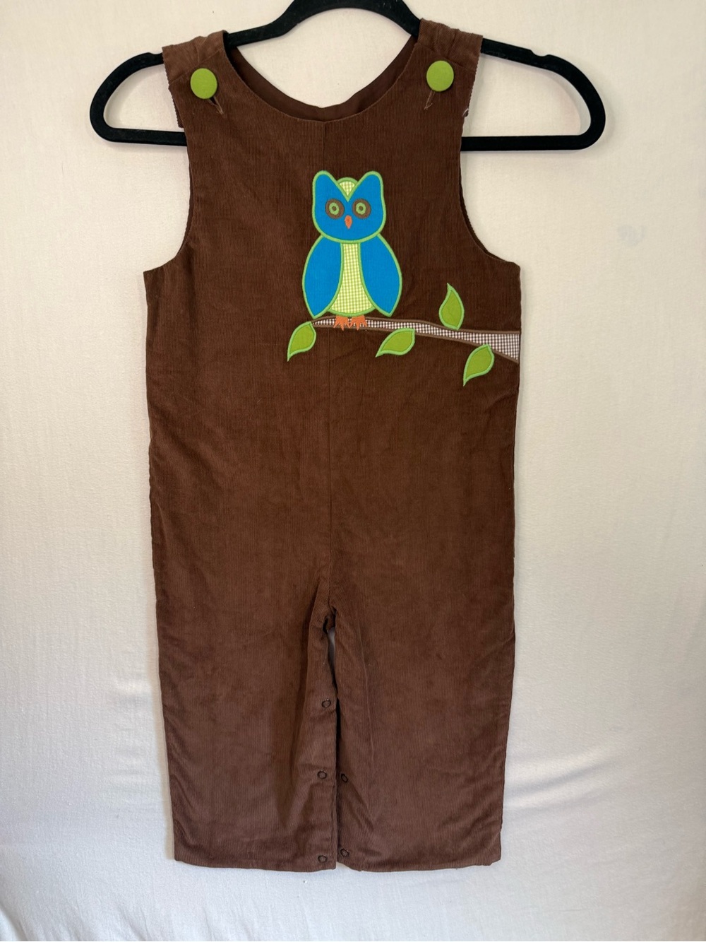 Brown Kids Corduroy Overalls with Blue & Green Owl Applique - Stelly Belly 4T
